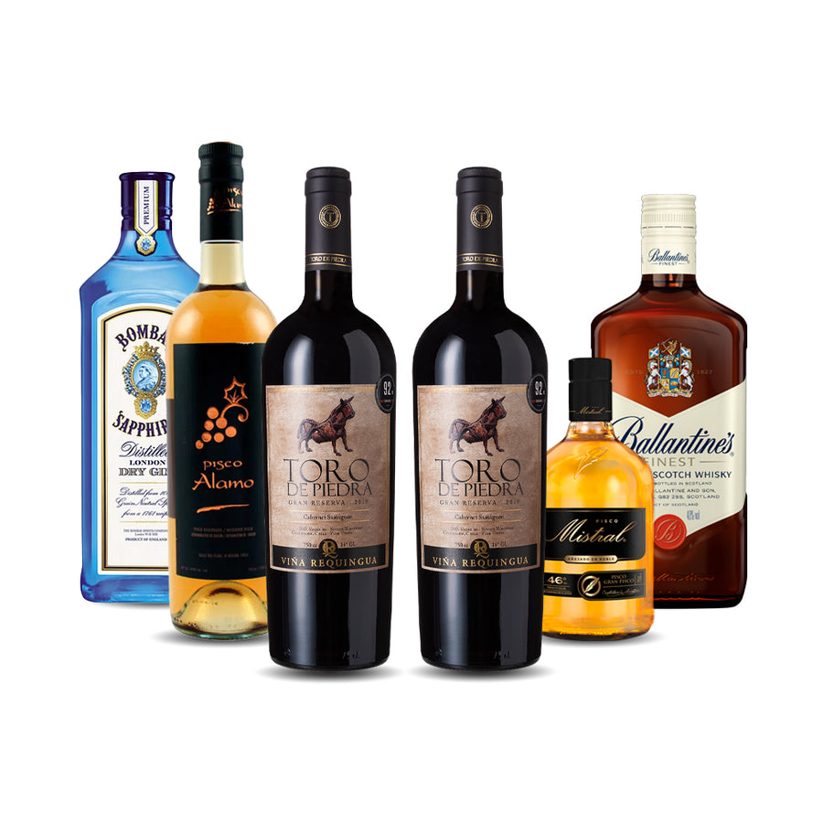 Fiesta Pack, Gin, Piscos, Vinos, Whisky, 750cc, 6 Unidades